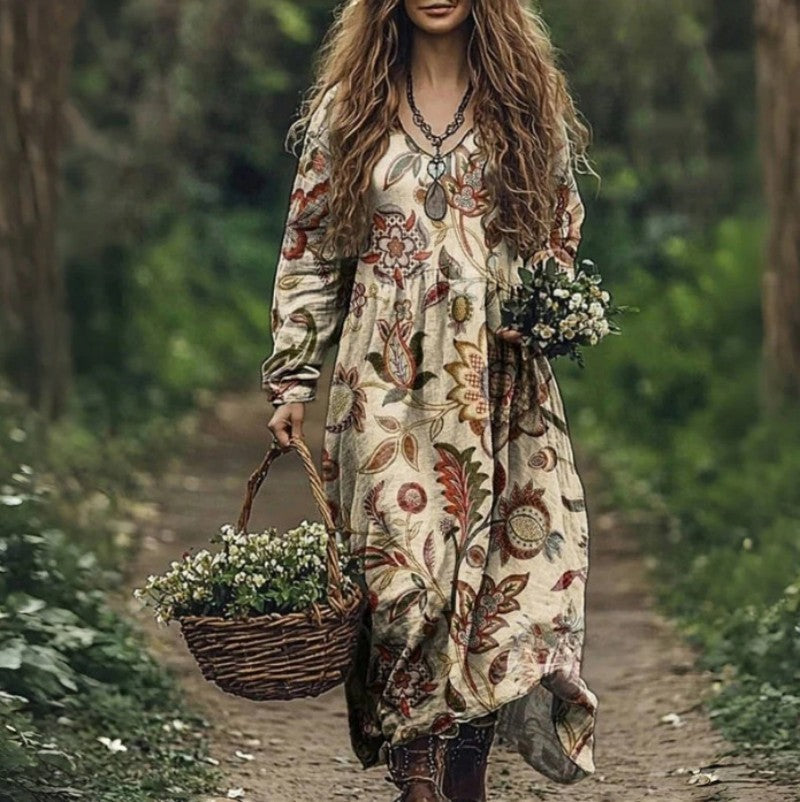 Augstākās kvalitātes kleita ar V veida kakla izgriezumu un apdruku